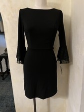 Vtg Little Black Dress Cocktail Sz 3/4 Poly/spandex Ruffle Lace Sleeves