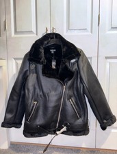 Bnwt Pretty Little Thing Plt Black Oversized Pu Fur Aviator Jacket - Size 6