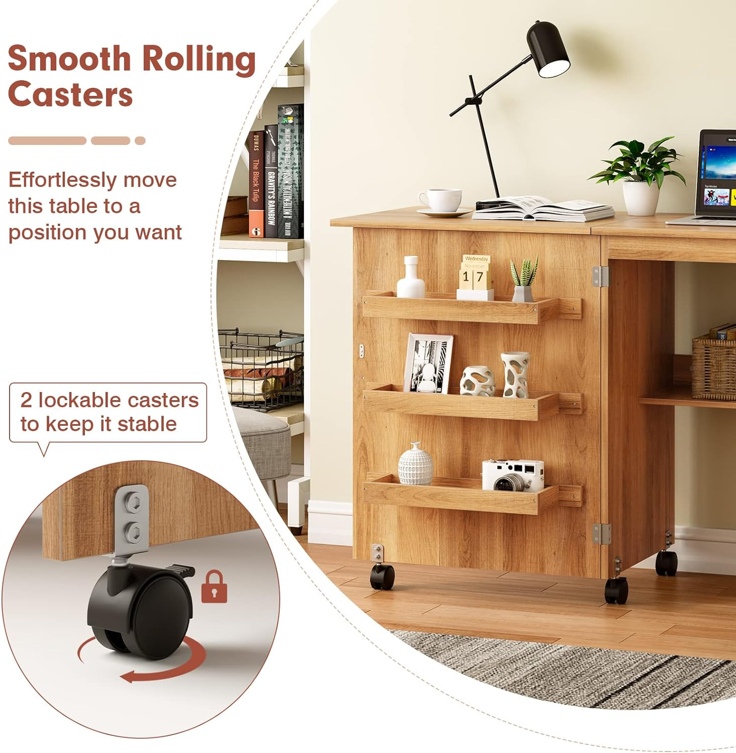 Folding Sewing Craft Table, Sewing Cabinet with 3 Storage Bins and Shelf, Rollin