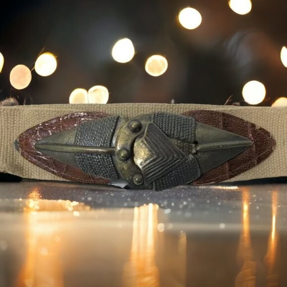 Vintage Omega Elastic Cinch Belt Brass Statement Buckle Southwestern,Boho,Tribal Vintage Tan Stretch Belt: Ornate Silver Buckle, Boho Waist  main image 4