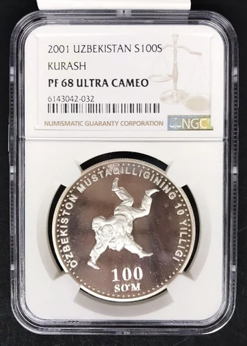 Uzbekistan 2001 100 so'm Kurash Ag. KM#25. in slab NGC PF 68 UC novità.276