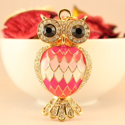 Pink Feather Owl Keychain Rhinestone Crystal Charm Cute Bird