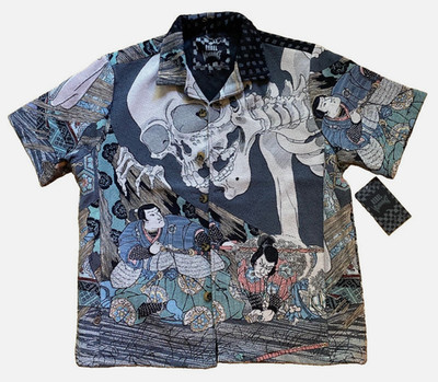 Rebel Vengeance Men s Japanese Tapestry Samurai Skull Print Jacket Medium