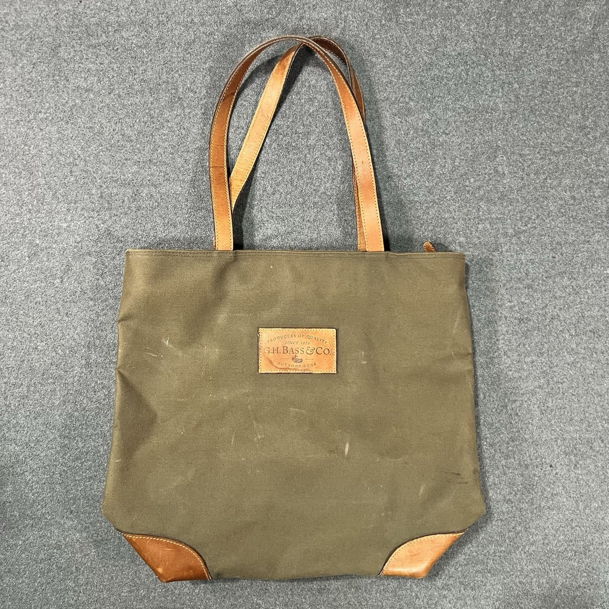 Vintage GH BASS Canvas & Leather Olive Green XL Tote Bag Outdoor