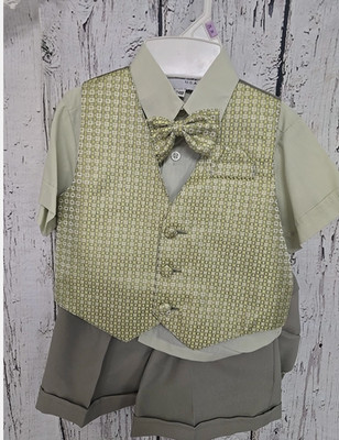 NWT Shannon Kids Boys 24M 5 Pc Suit Set Sage Green Vest Shirt Shorts Hat Tie