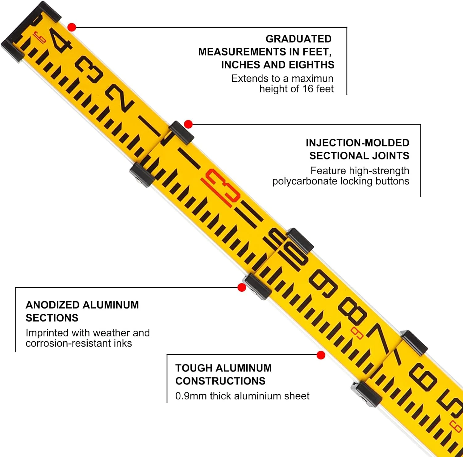 16-Foot Aluminum Grade Rod - 8Ths, 5 Sections Dual Sided Telescoping Leveling Ro image 3