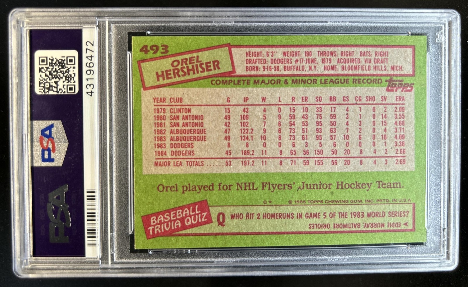 1985 Topps Orel Hershiser - Rookie RC #493 Dodgers PSA 10 GEM MINT view 2