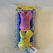 Peeps Just Born Cat Stick Rattle Pink & Yellow Bunnies Pet Toy NWT