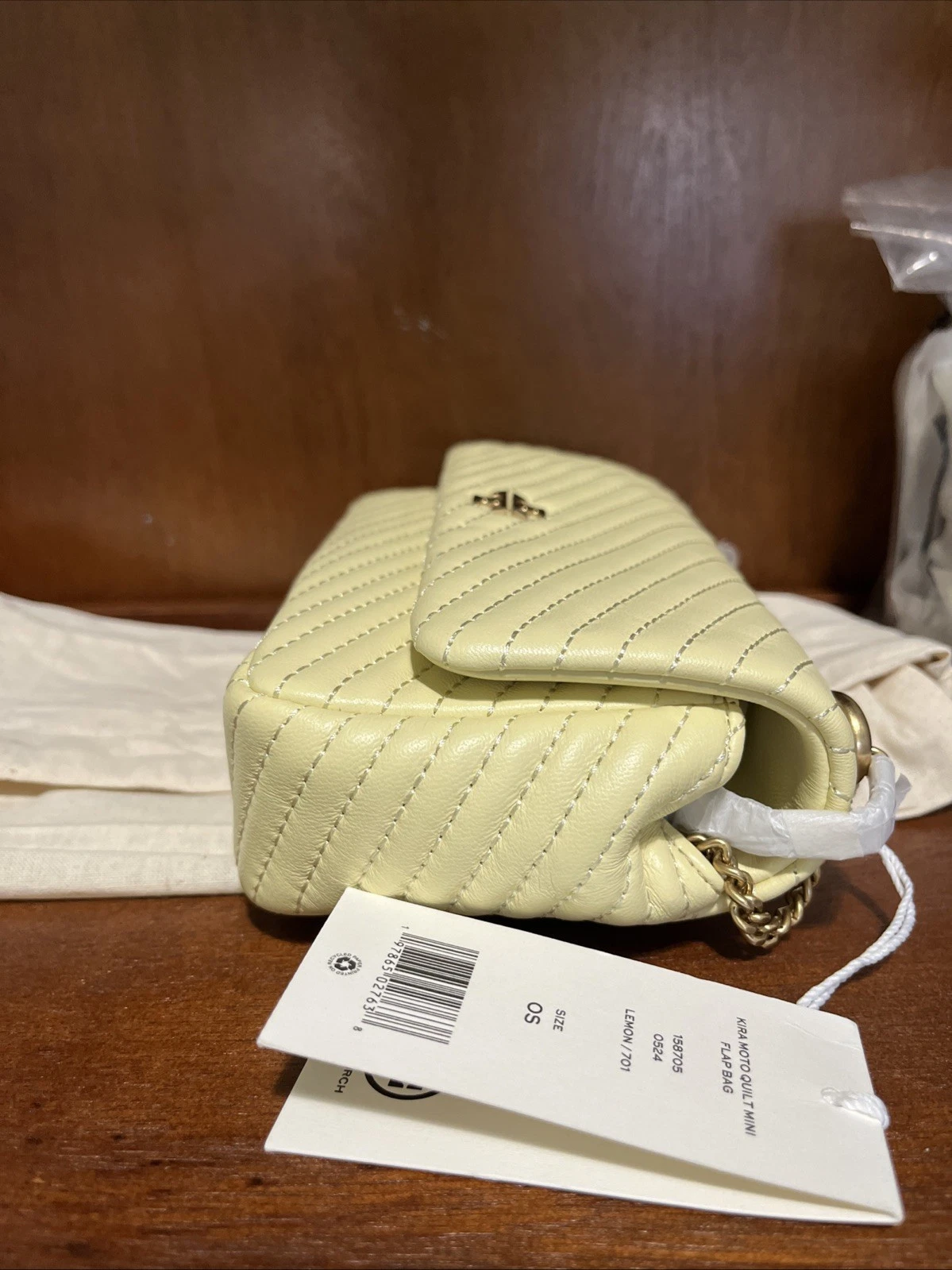 Borsa a tracolla Tory Burch Kira Moto Quilt Mini Flap in pelle limone nuova con etichette