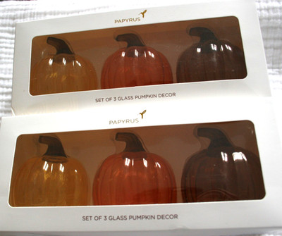 NIB PAPYRUS set of 3 glass pumpkin shaped decor Yellow Orange $14.99 EACH BOX!