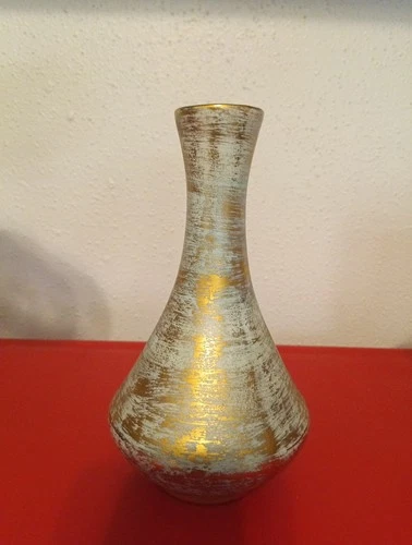 Stangl Bud Vase 8" Turquoise Blue Brushed Gold Pottery MCM 4050 Vintage