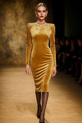 Badgley Mischka sz 4 Gold Velvet Long Sleeve Beaded Shoulder Midi Dress $595 | eBay Badgley Mischka sz 4 Gold Velvet Long Sleeve Beaded Shoulder Midi Dress $595 | eBay