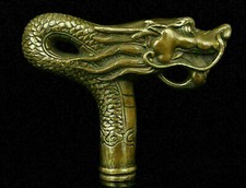 Chinese Brass Copper Hand carved Cane Walking Stick Head Handle Dragon Statue
