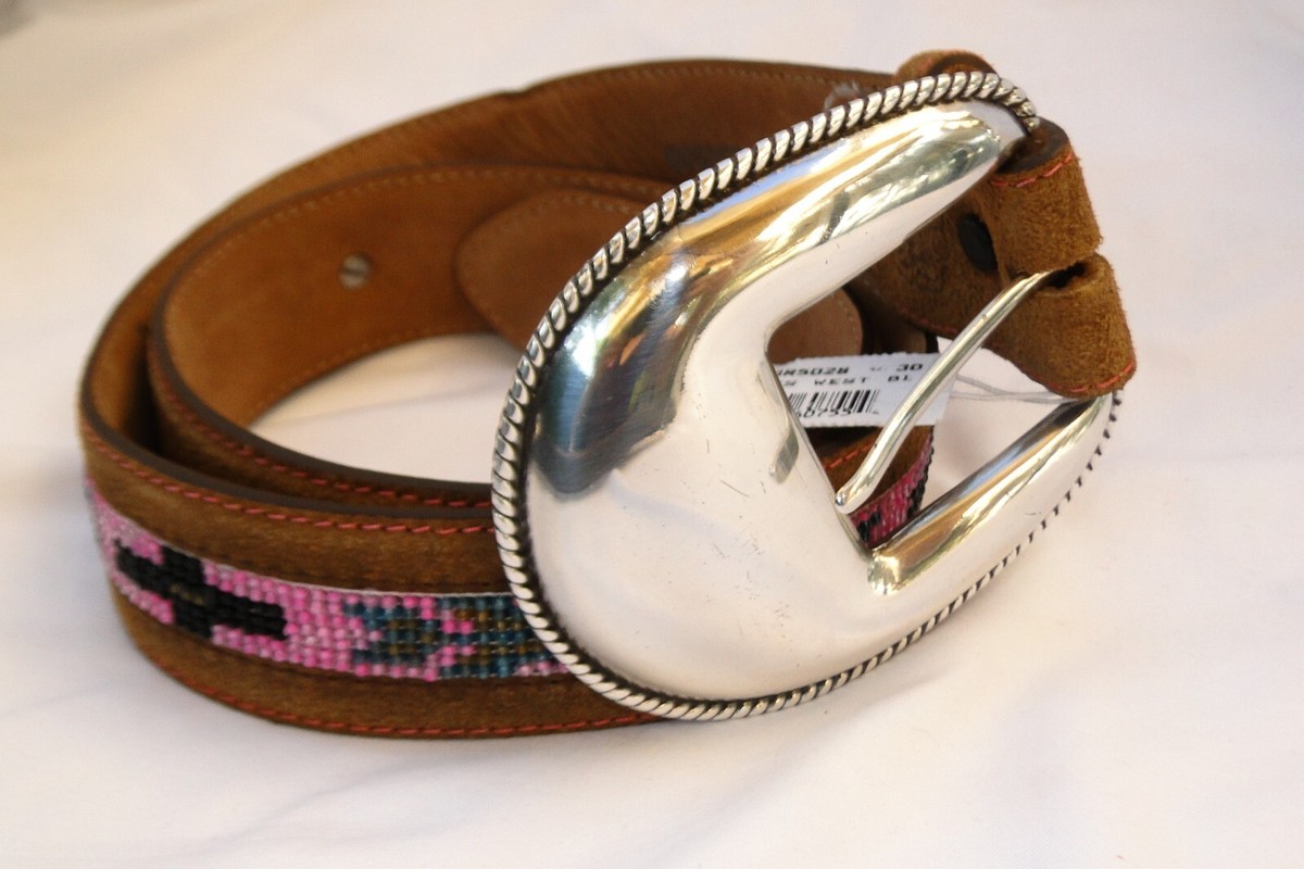 Womens Tony Lama Brighton Buckle Green Beaded Black Leather Belt 30” Western NEW New Tony Lama Light Brown Leather Beaded Western Women Belt  main image 4