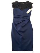 BNWT £58 LIPSY Navy Blue Eyelash Lace Cap Sleeve Bodycon Cocktail Dress UK 10