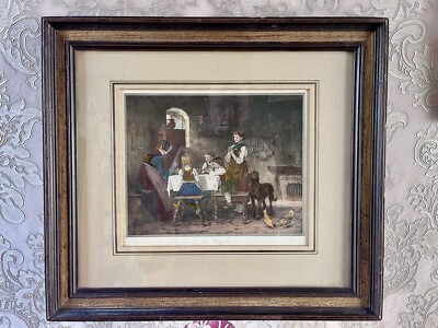 Hand-coloured copperplate engraving ''The Table Prayer'' - Franz von Defregger in wooden frame