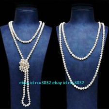 Beautiful Long 60" Genuine 7-8mm Natural White Cultured Pearl Necklace