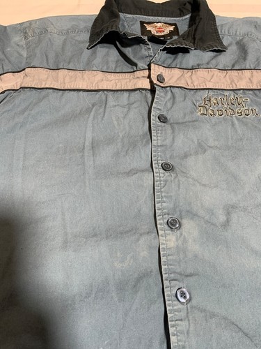 Harley Davidson Shirt Medium Blue Button Up Short Sleeve Striped Skull And Wings - Picture 5 of 8