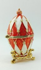 Decorative Egg Shaped Rhinestone Jewelry Trinket Box w/ Stand Red Gold Tone