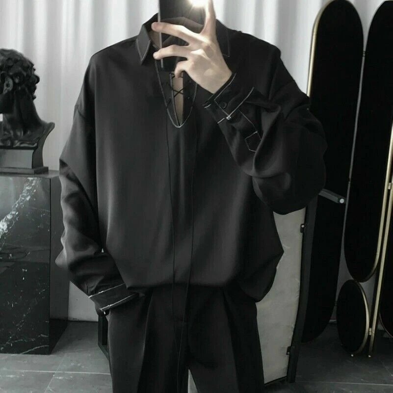 Herren Hemd Locker Freizeit Gothic Punk Bandage Weiß Schwarz Retro Mode - Bild 1 von 4