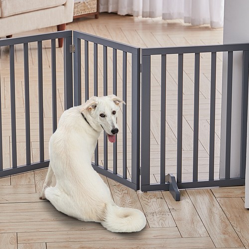 3/4 Panels Folding Pet Gate Freestanding Wooden Dog Fence Safety Barrier Divider - Picture 29 of 35