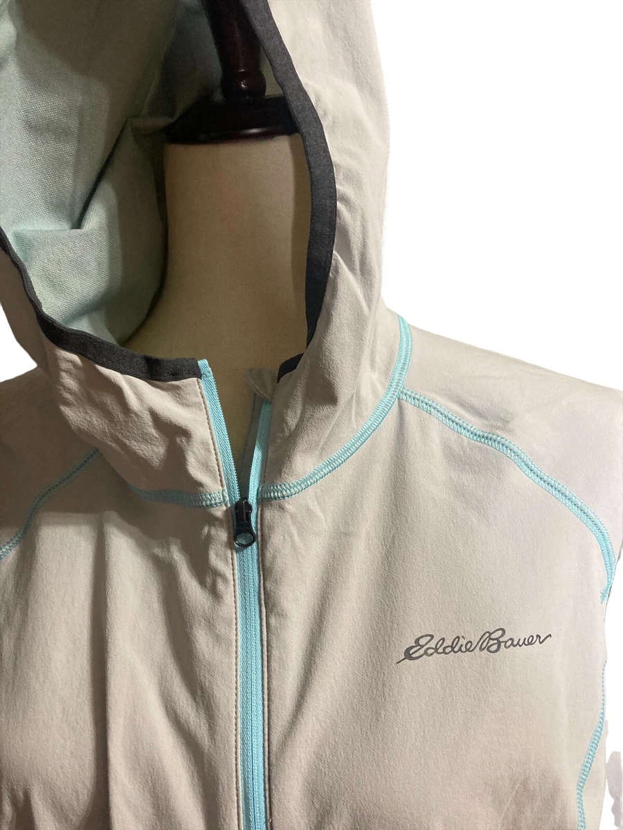 Eddie Bauer Women s Lightweight Jacket Hooded Sport Stretch Light Gray Baby Blue