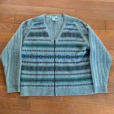 EDDIE BAUER Nordic Fair Isle Full Zip V Neck Sweater 100 Wool Women's L
