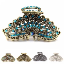 Woman Large elegant metal Peacock tail rhinestones crystal hair claw Clip pin 
