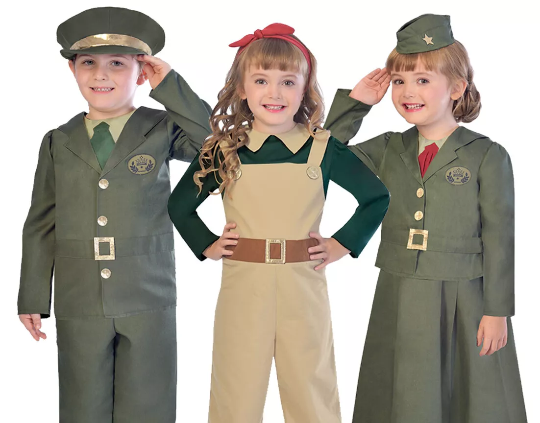 Kids Girls Boys WW2 Soldier Costume Army Officer 1940s Fancy Dress Outfit School