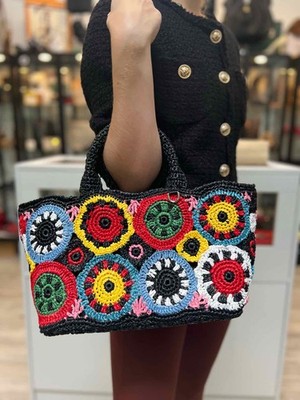 Prada Metal Triangle Top Handle Tote Raffia Multi-Color Tote Circle Satchel