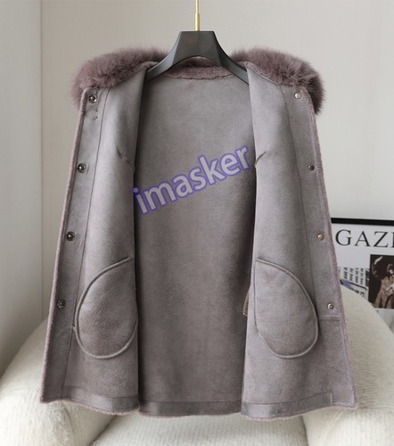 Manteau mi-long femme col fourrure renard véritable peau de mouton 100% laine chaud hiver - Photo 8/27