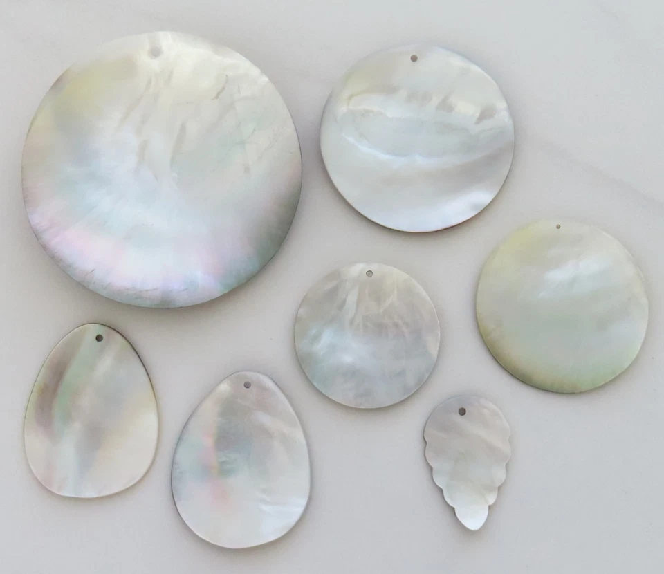 Lote de 7 Colgantes Madreperla Abulón Vintage Concha Redonda Lágrima Hoja Artesanal Foto 3 de 3