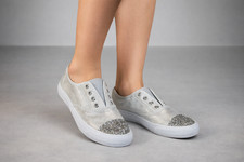 Womens Canvas Pumps Silver Sizes 3-8 Slip-on Glitter Toe-cap Lightweight
