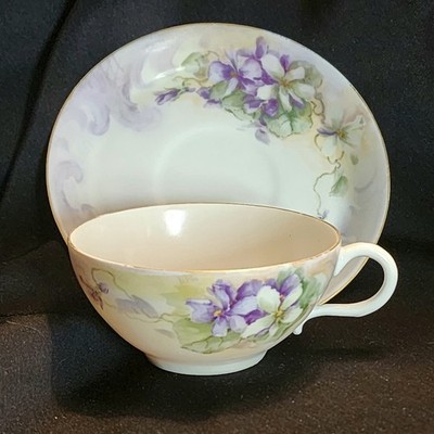 JPL Jean Pouyat Limoges Demitasse Cup and Saucer Purple Violet Floral Gold Trim