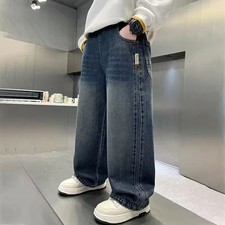 Boys Baggy Wide Leg Jeans Skater Y2K Streetwear Elastic Waist Denim Pants 5-14