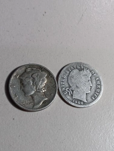 Dime Lot of Two Including Barber 1906 & Mercury 1944 - 90% Silver -