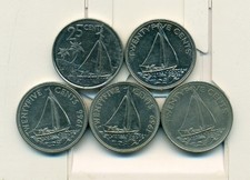 5  - 25 CENT COINS w/ SHIPS from the BAHAMAS (1966, 1969, 1985, 2000 & 2015)
