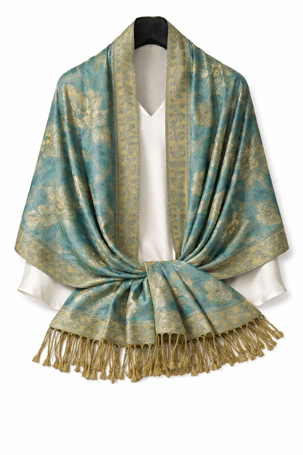 Teal Gold Paisley Jacquard Scarf Shawl Fringe Boho Wrap Women 72x28