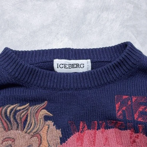 ICEBERG Vintage Knit Sweater L Bear Racing 90s Y2K Navy Charcoal image 5