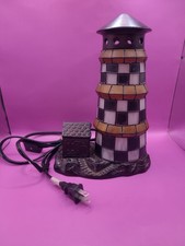 Vintage Stained Glass Lighthouse Lamp Multicolor With Heavy Metal Base