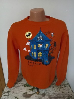 Vintage 1997 3D Halloween Sweatshirt Artist Joan Studwell Haunted House M Delta