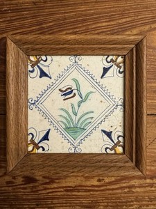 Dutch Antique 17th Century Delft Framed Stamp Kwadraattegel Flower Tile
