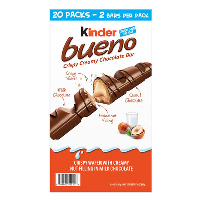 Kinder Bueno Chocolate and Hazelnut Chocolate Bars, 2 Bars, 1.5 Oz, 20 Pack