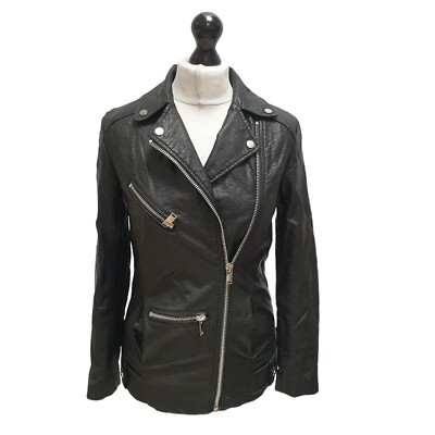 Vintage H&M Jacke Leder Schwarz Reißverschluss UK Damen S 8 Eu 36 E678