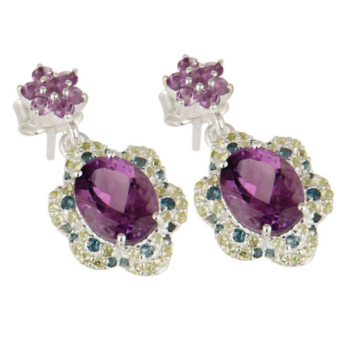 Oval & Round Amethyst Drop Earrings With Blue Topaz And Pave Citrine Gemstone - Picture 3 of 5