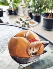 Sleeping Curled Wood Cat Kitten Figurine Lie Feline Brown Thai Handmade Gift 4"