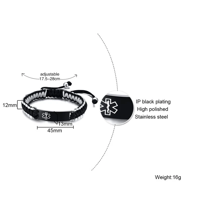 VNOX Custom Engraving Handmade Braided Rope Adjustable MedicalAlert ID Bracelet - Image 4 of 4
