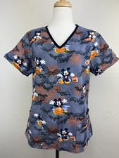 Halloween Vampire Mickey Mouse Scrub Size M Bats Webs Pockets Gray Orange