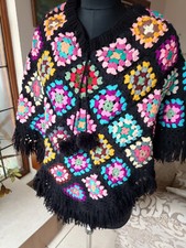 Granny Square Handmade Crochet Poncho Woolen Knit Colorful Winter Unisex Striped