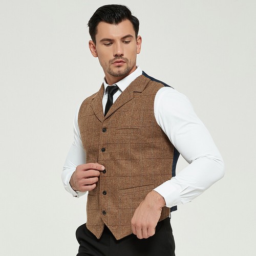Fashion Mens Plaid Vests Wool Herringbone Tweed Waistcoat Suit Lapel
